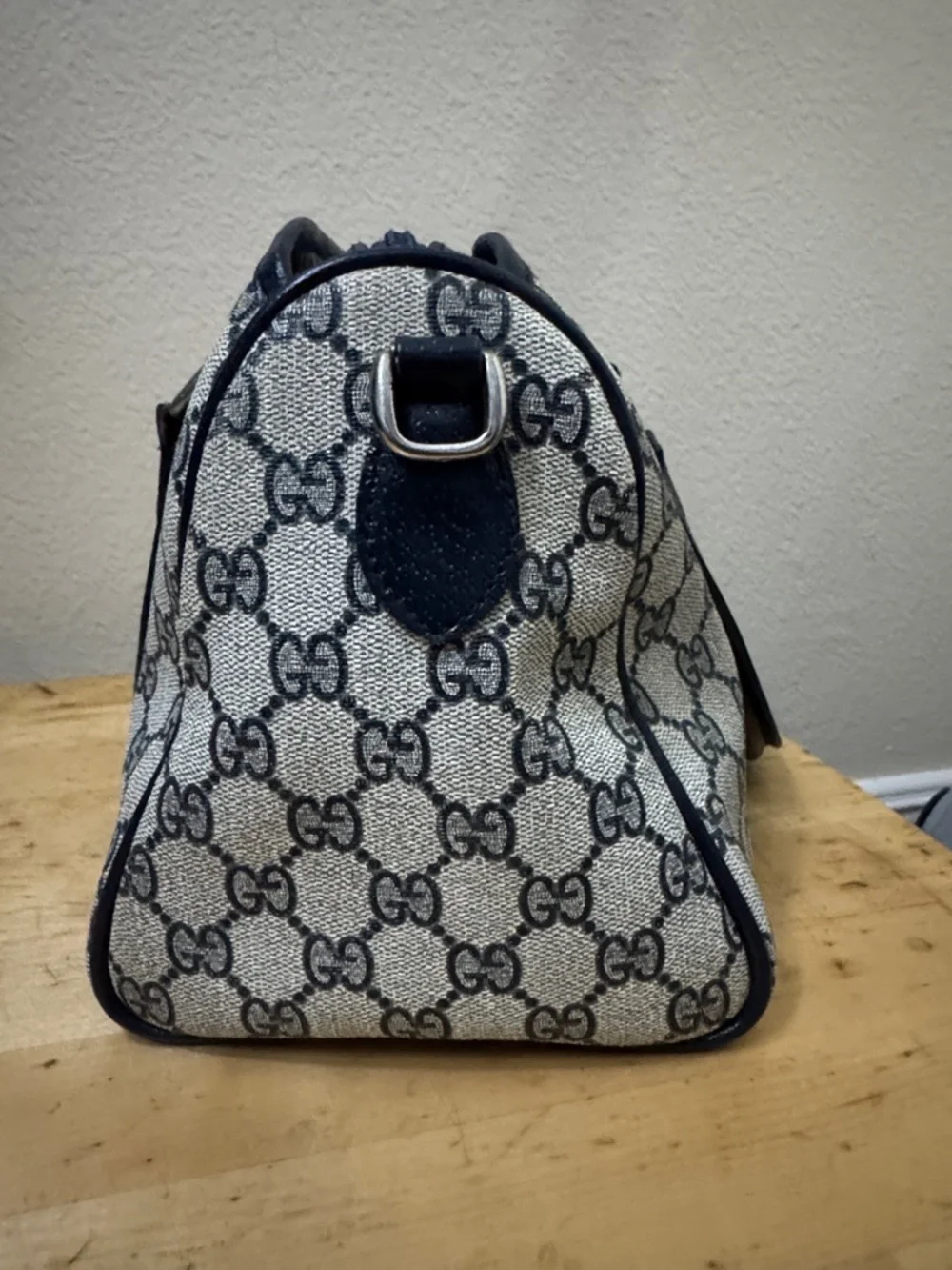 Gucci Beige Monogram Satchel with Navy Trim and Red-Navy Stripe